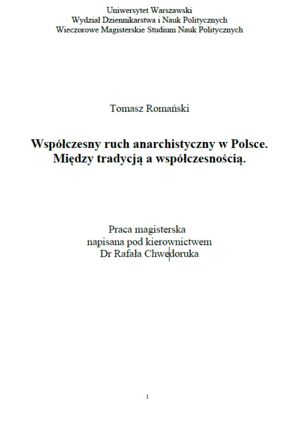Współczesny ruch anarchistyczny w Polsce. Między tradycją a współczesnością.